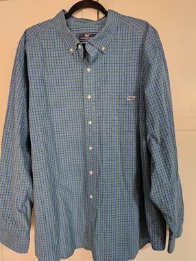 Vineyard Vines 2XLT Shirt Mens Blue Green Plaid Tucker Whale Tall Button Down LS
